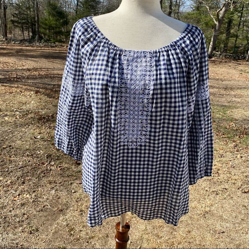 ORVIS NEW TOP PEASANT BLOUSE BLUE WHITE GINGHAM Size L